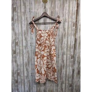 Nicole Miller 100% Linen Smocked Bodice Dress Tie Strap Floral Resort XS NWT